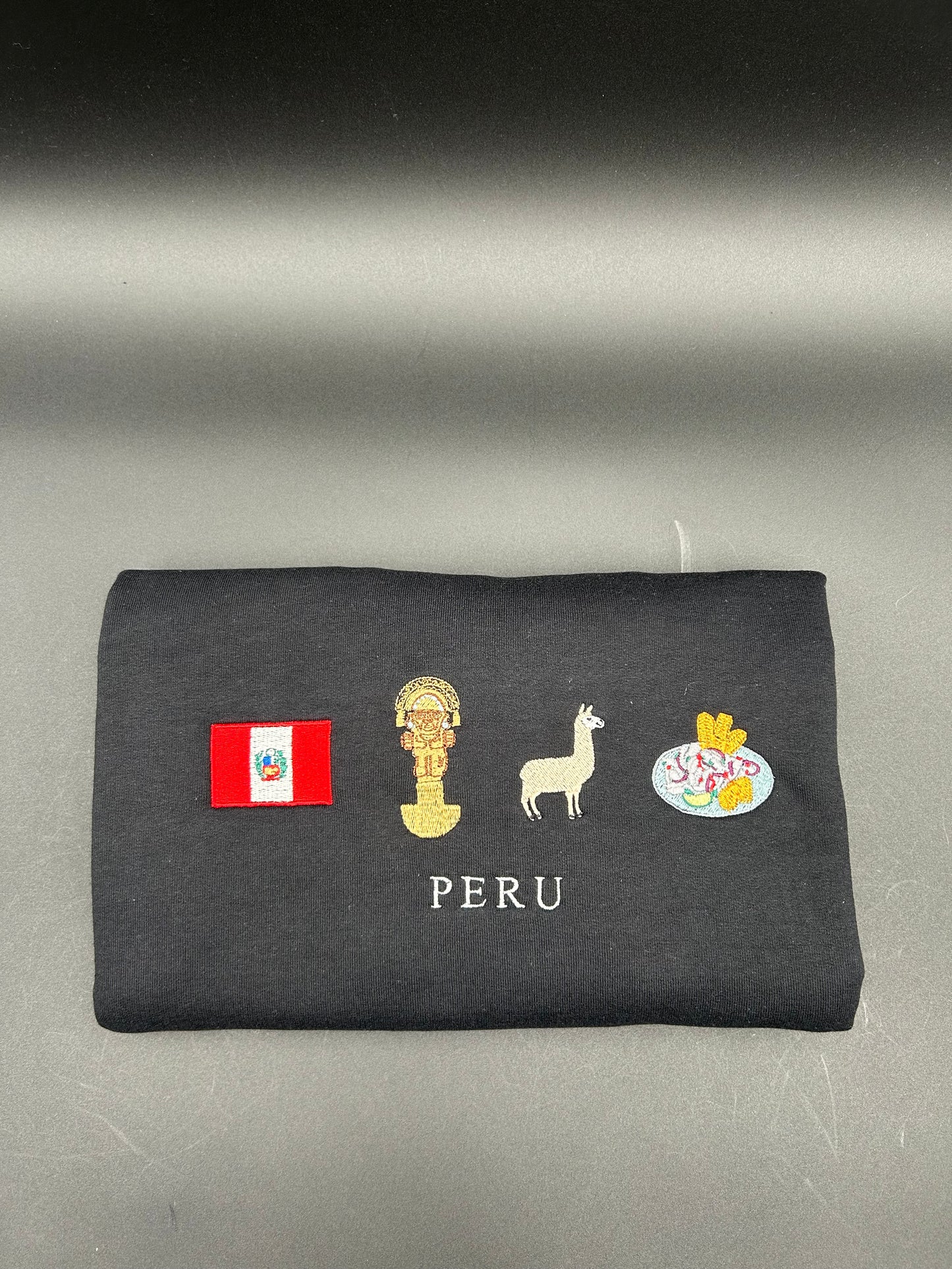 Peru Embroidered Sweatshirt Peruvian Flag, Llama, Tumi, and Ceviche Crew Neck