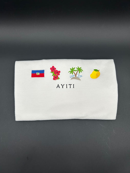 Haiti Embroidered Sweatshirt Flag, Hibiscus Flower, Island Representing the Beaches,and Mango Crewneck Ayiti