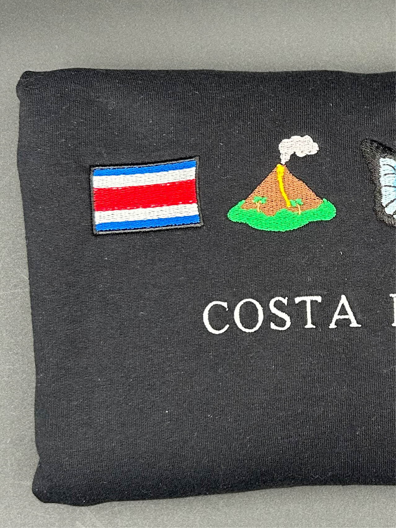 Costa Rica Embroidered Sweatshirt Costa Rica Flag, Homage to Volcanoes, Butterflies, Sloth Crewneck