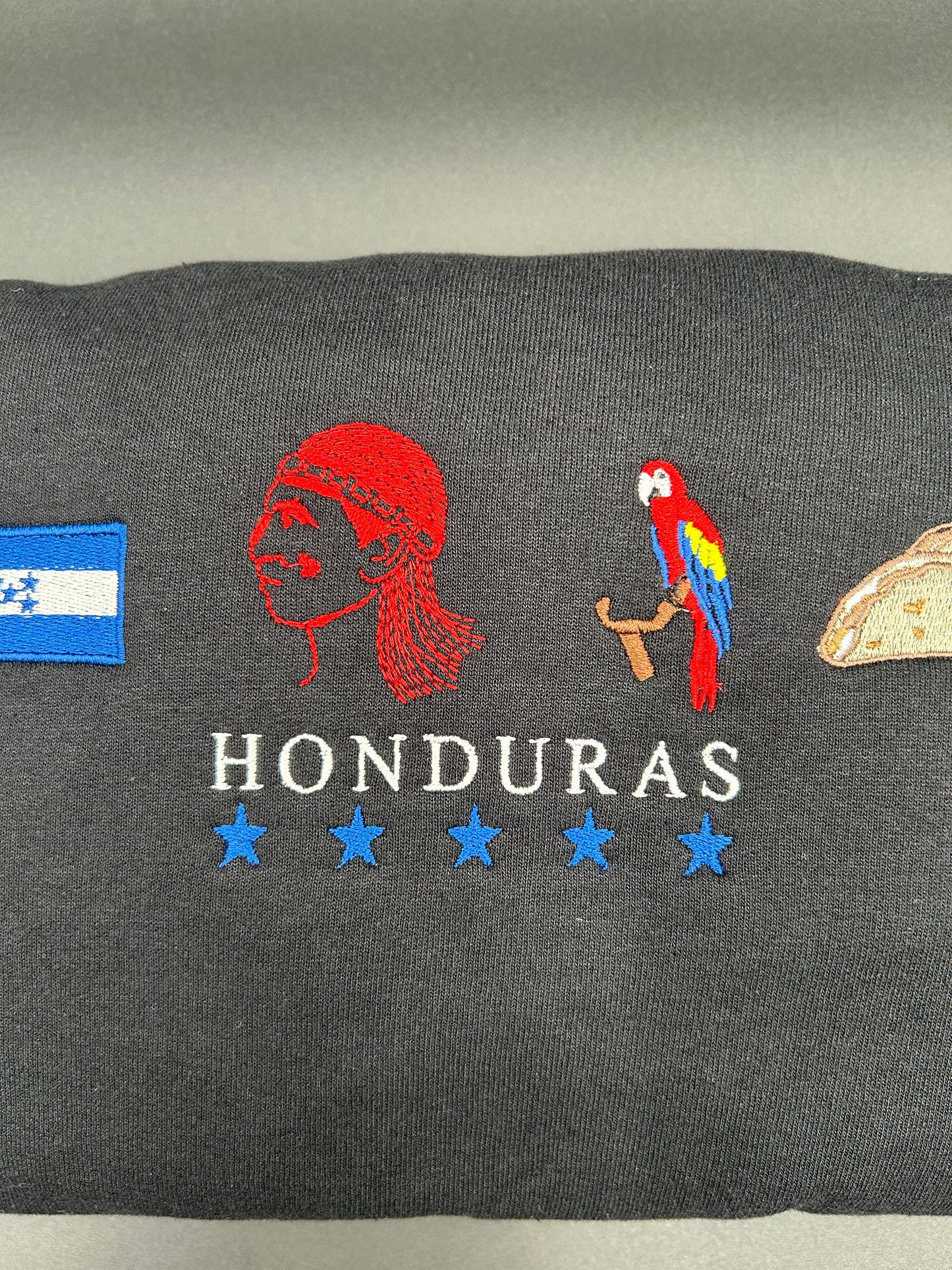 Honduras Embroidered Hoodie La Bandera, Copán Ruinas, Guara Roja, Baleadas, El Indio Lempira 5 Estrellas Hoodie Embroidery