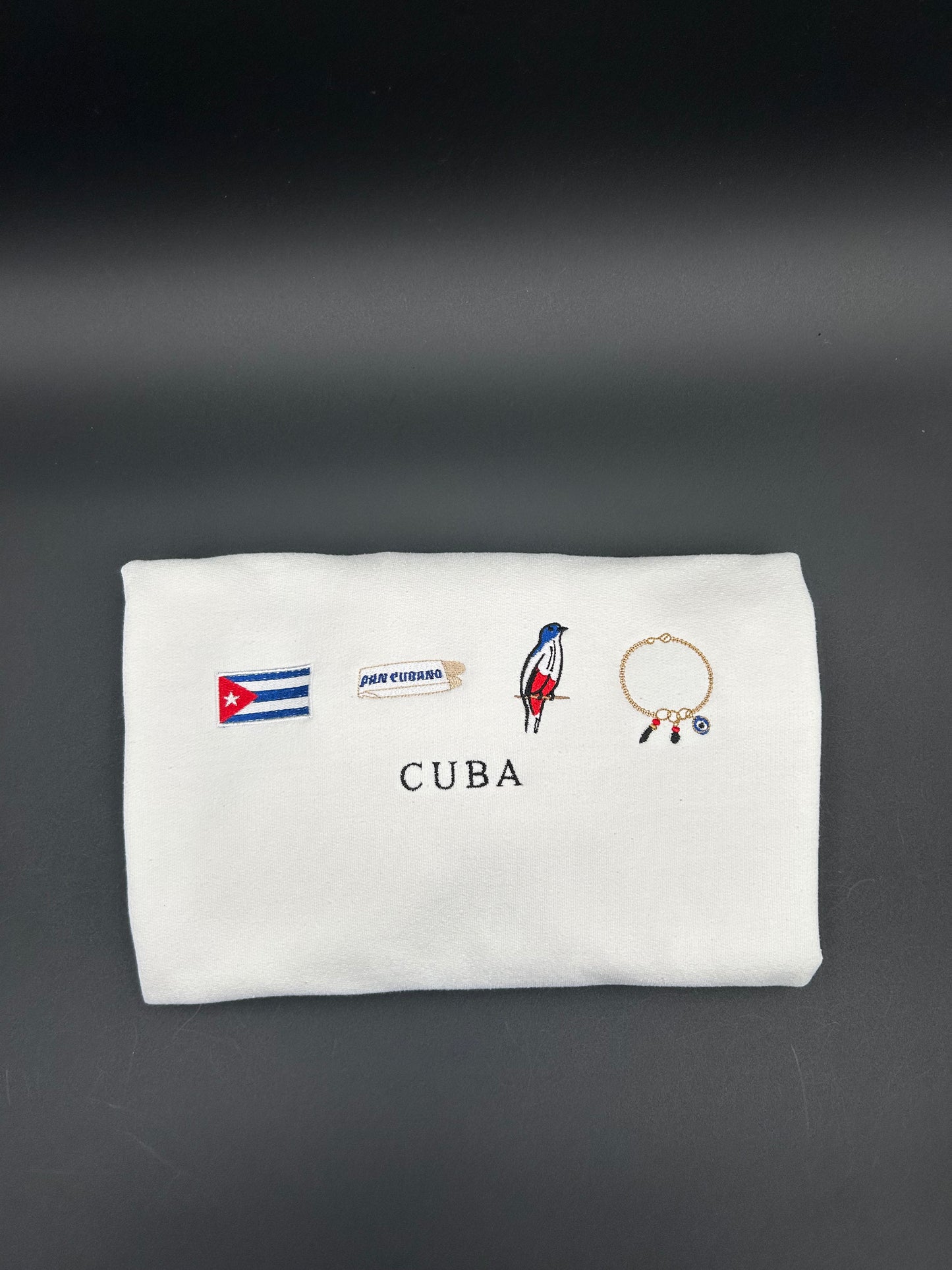 Cuba Embroidered Sweatshirt La Bandera, Pan Cubano, Cuban Trogon, and Azabache Symbols for Cuba Crewneck