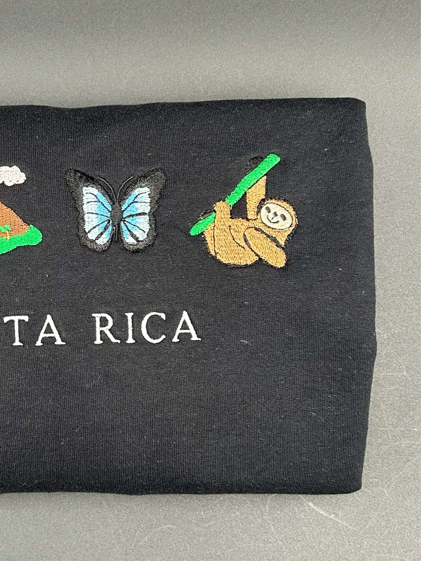 Costa Rica Embroidered Sweatshirt Costa Rica Flag, Homage to Volcanoes, Butterflies, Sloth Crewneck