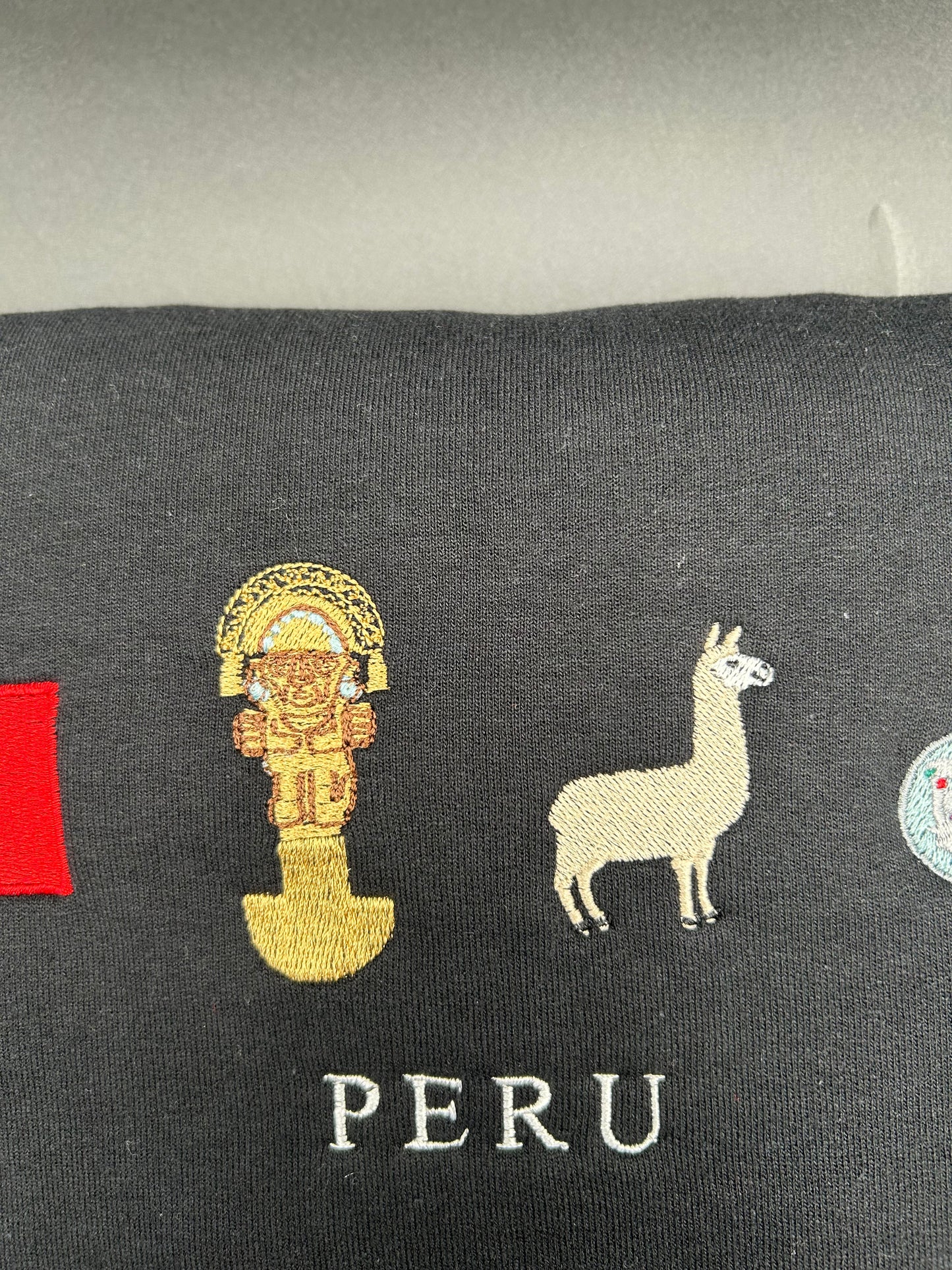 Peru Embroidered Sweatshirt Peruvian Flag, Llama, Tumi, and Ceviche Crew Neck