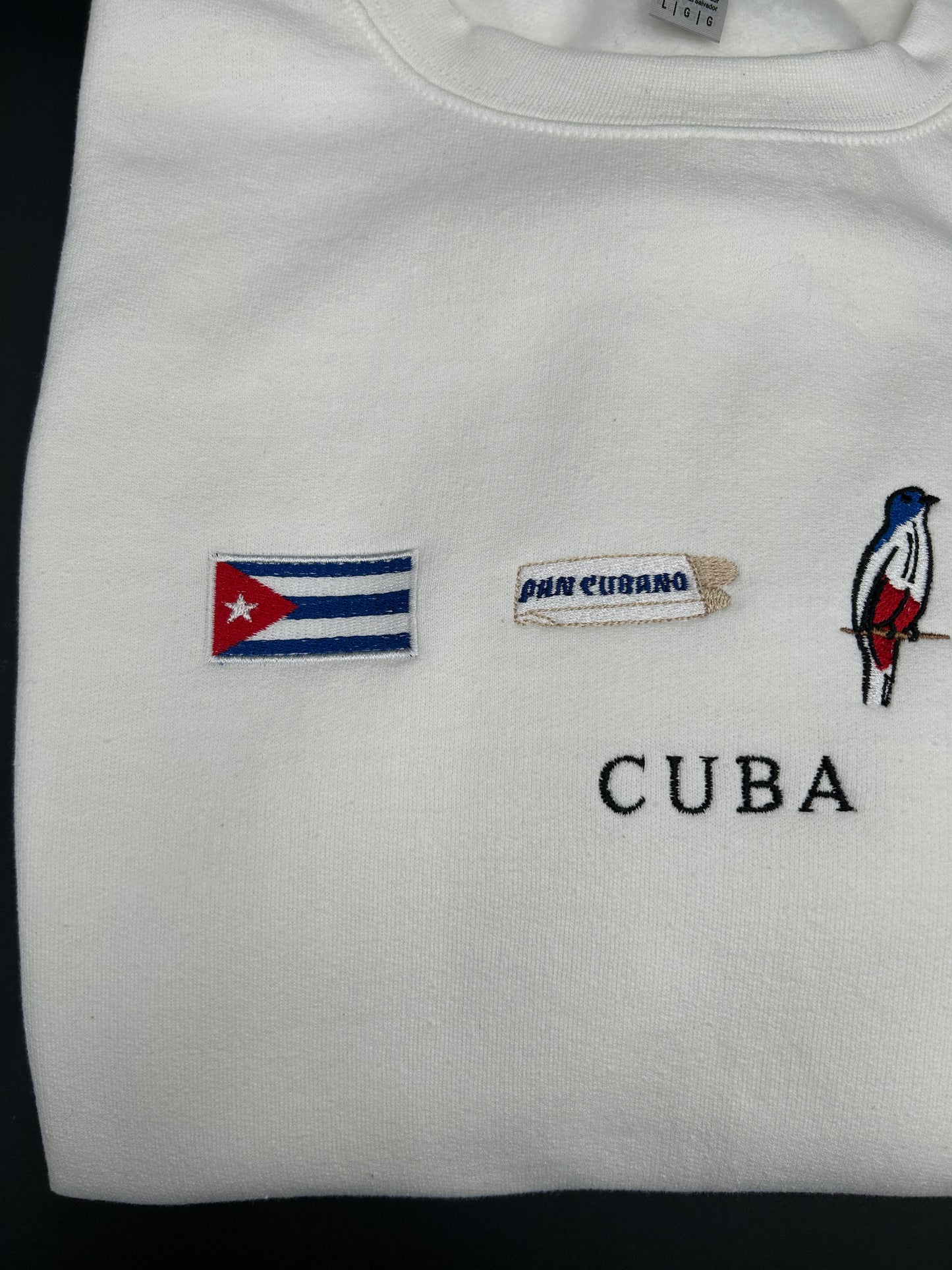 Cuba Embroidered Sweatshirt La Bandera, Pan Cubano, Cuban Trogon, and Azabache Symbols for Cuba Crewneck