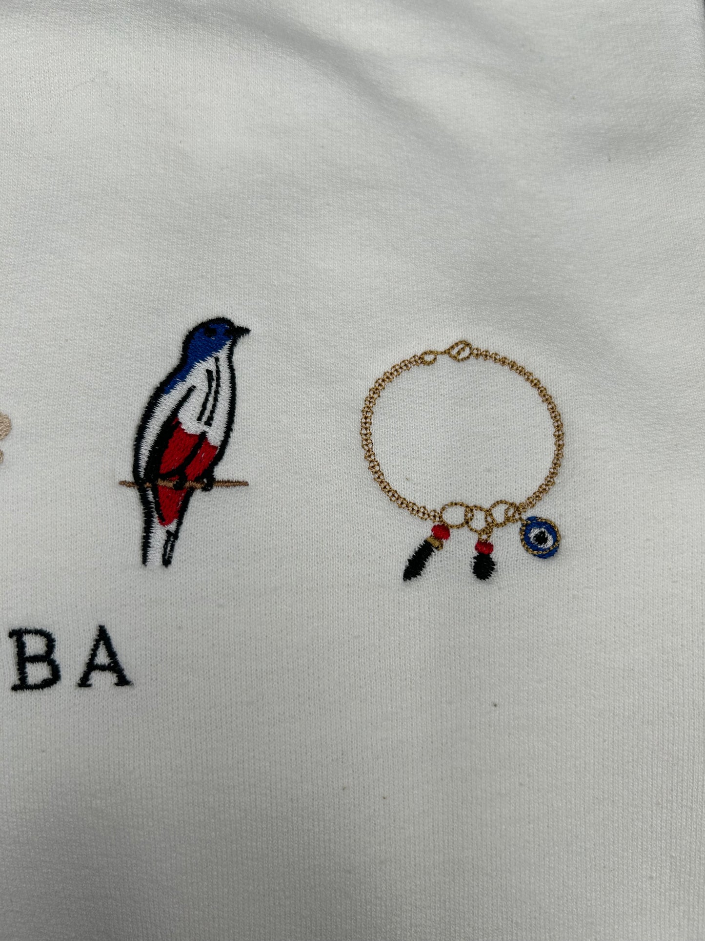 Cuba Embroidered Sweatshirt La Bandera, Pan Cubano, Cuban Trogon, and Azabache Symbols for Cuba Crewneck