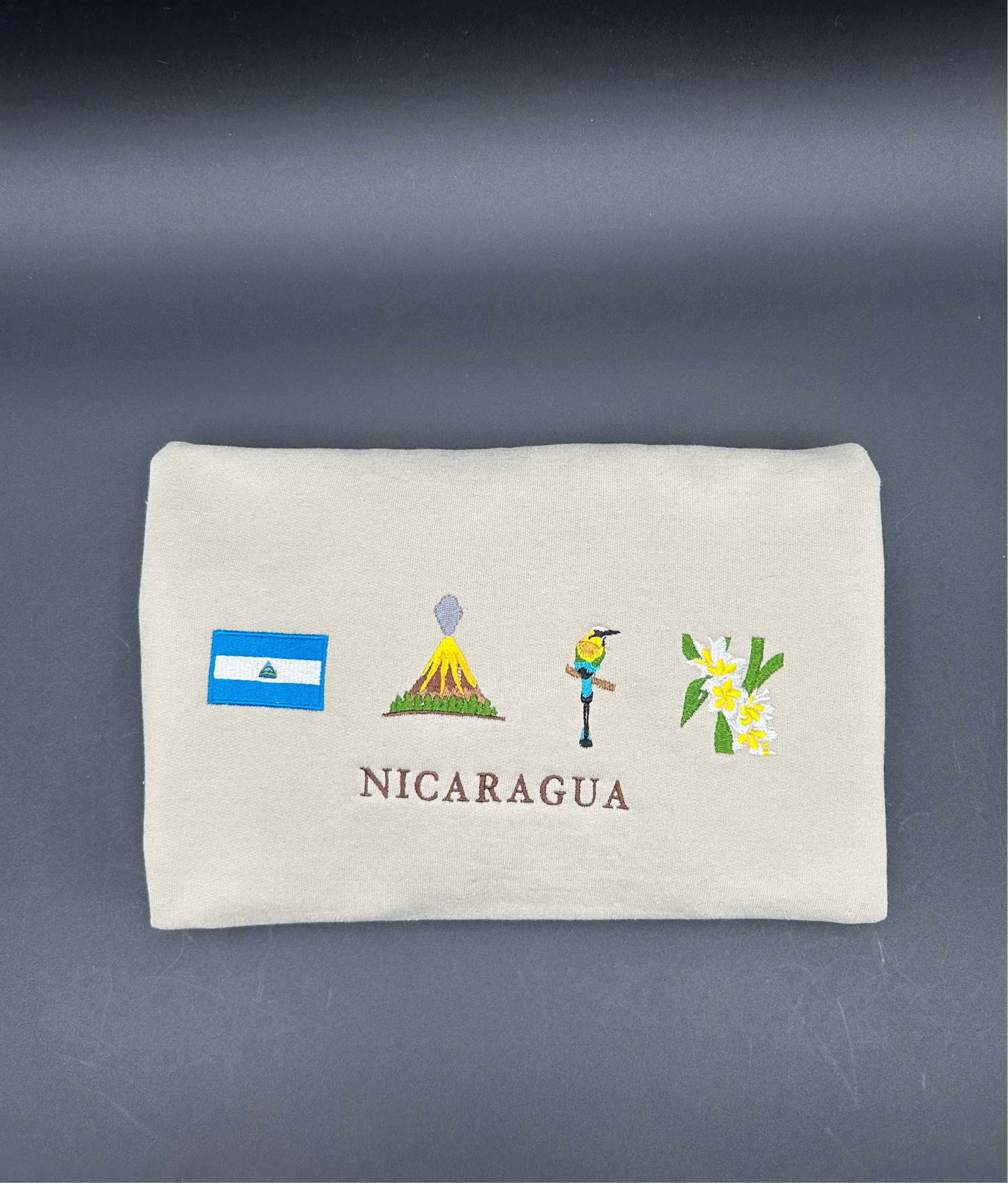 Nicaragua Embroidered Sweatshirt La Bandera, Volcanes, National Bird, Flor de Sacuanjoche Crewneck