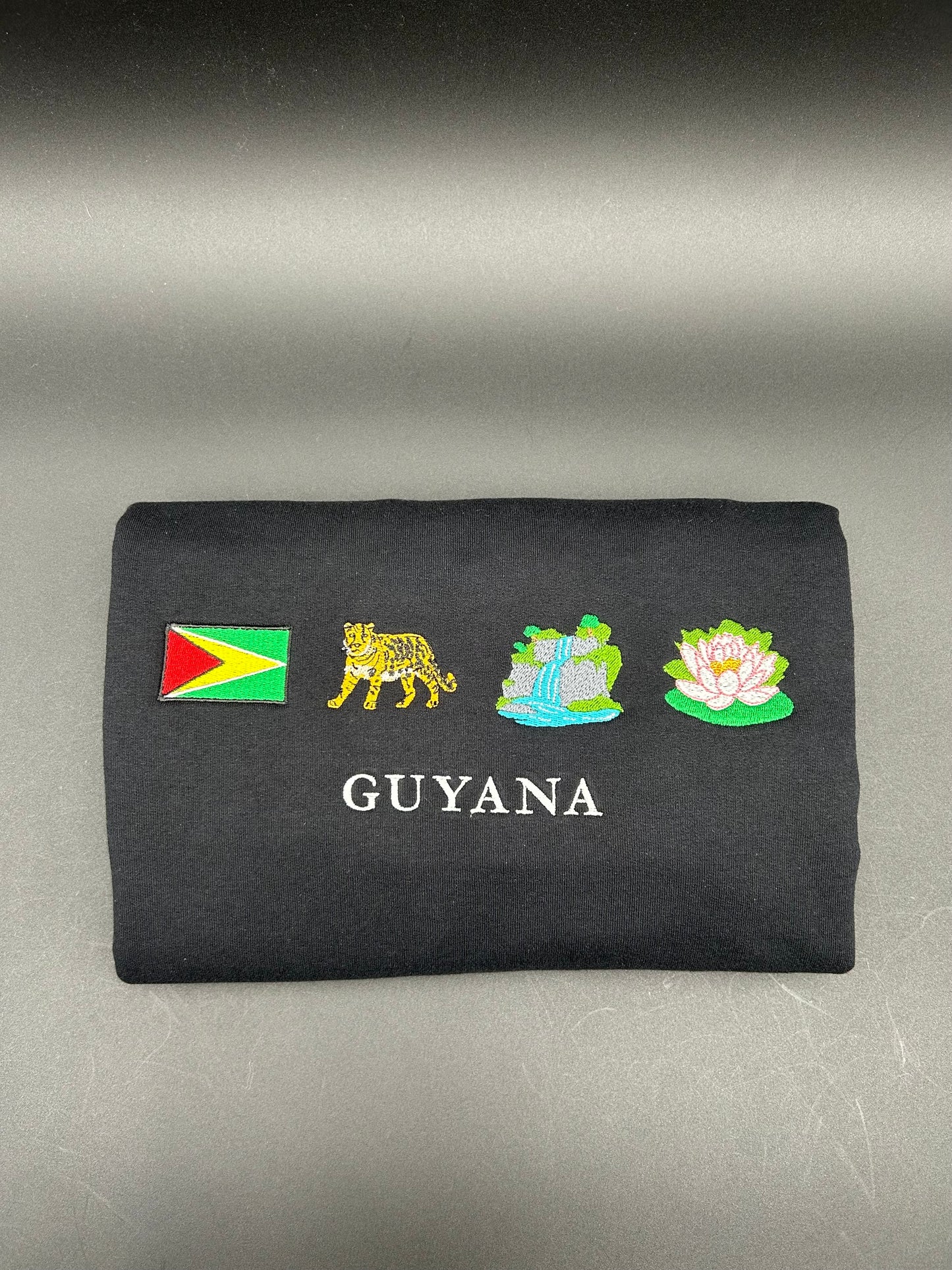 Guyana Embroidered Sweatshirt Flag, Leopard, Water Falls, Victoria Amazonica Crewneck