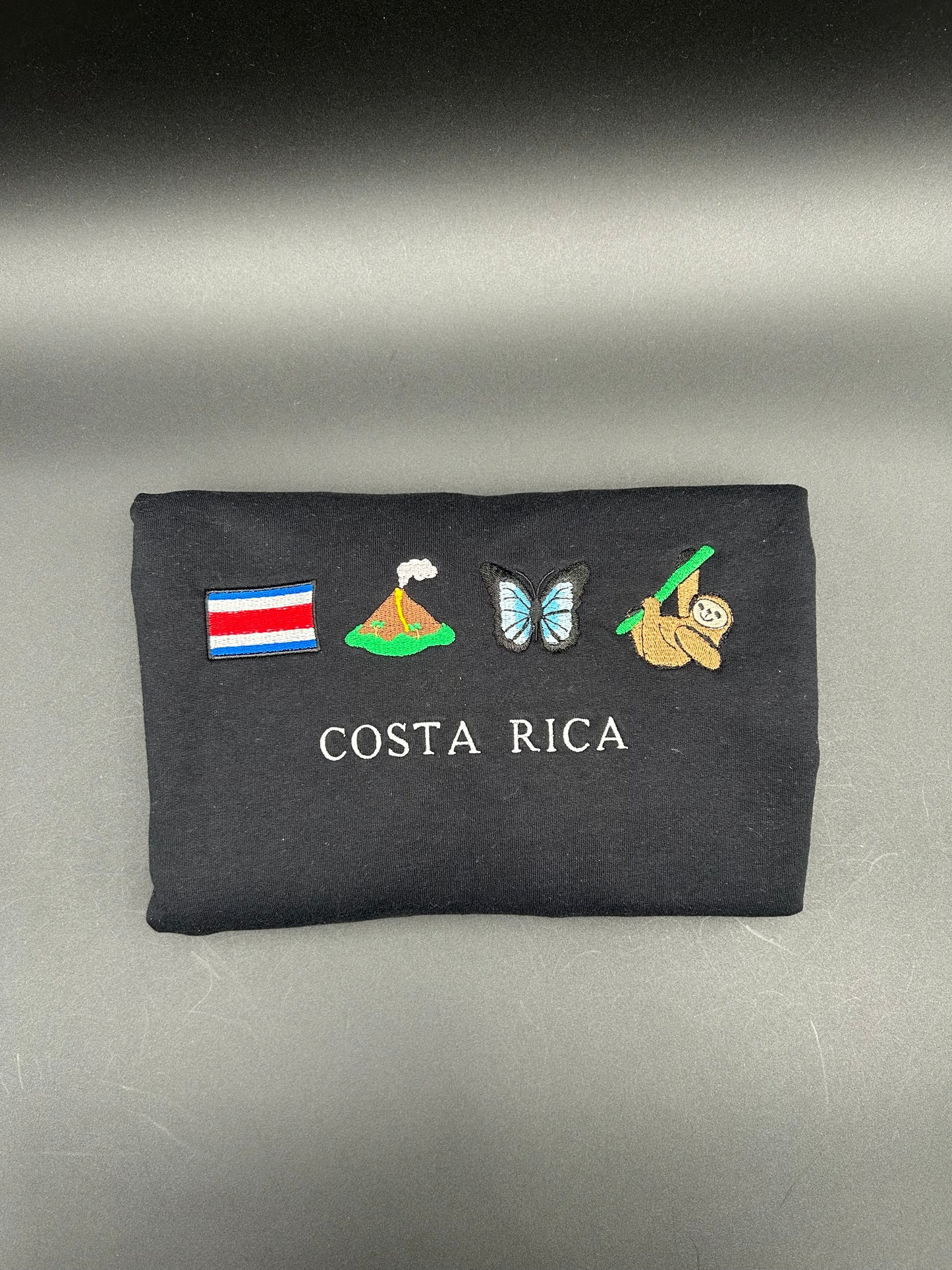 Costa Rica Embroidered Sweatshirt Costa Rica Flag, Homage to Volcanoes, Butterflies, Sloth Crewneck