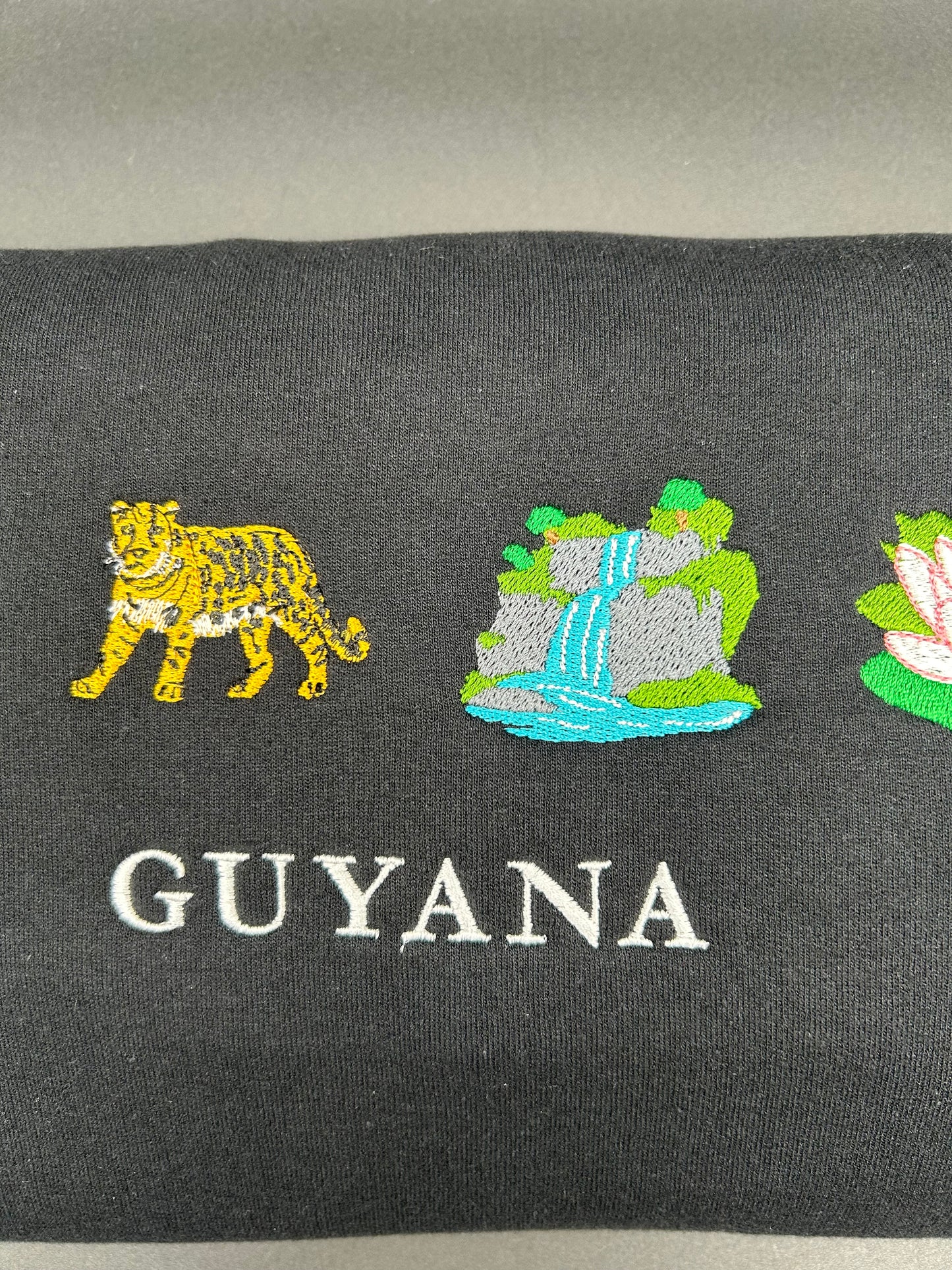 Guyana Embroidered Sweatshirt Flag, Leopard, Water Falls, Victoria Amazonica Crewneck