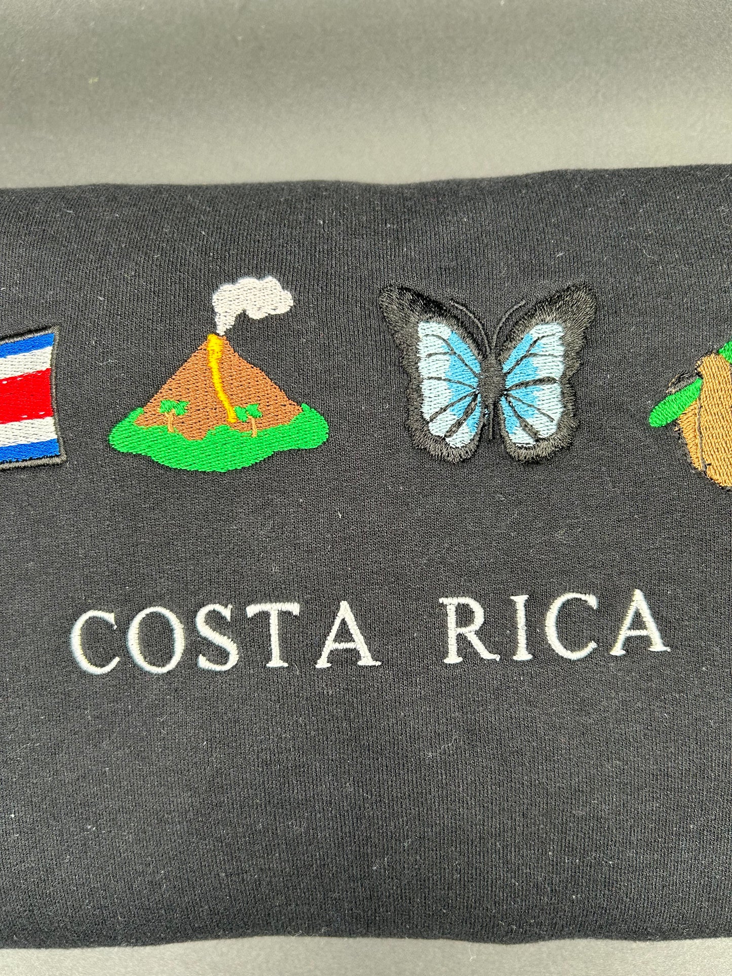 Costa Rica Embroidered Sweatshirt Costa Rica Flag, Homage to Volcanoes, Butterflies, Sloth Crewneck