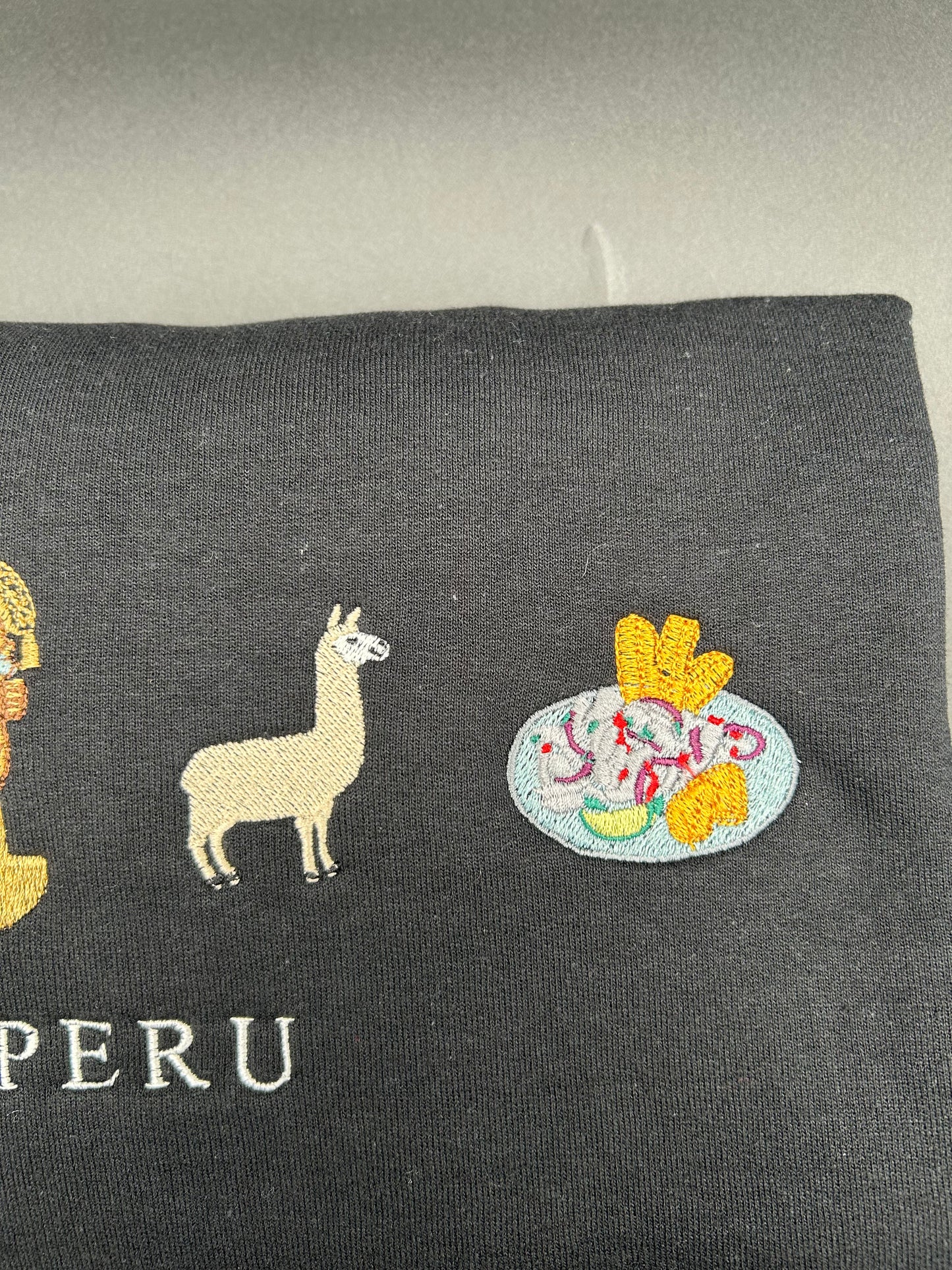 Peru Embroidered Sweatshirt Peruvian Flag, Llama, Tumi, and Ceviche Crew Neck