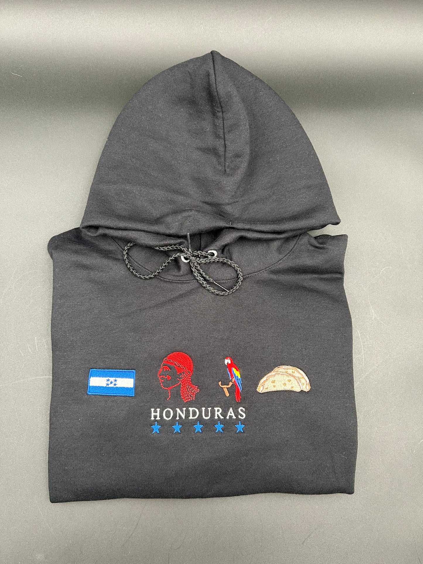 Honduras Embroidered Hoodie La Bandera, Copán Ruinas, Guara Roja, Baleadas, El Indio Lempira 5 Estrellas Hoodie Embroidery